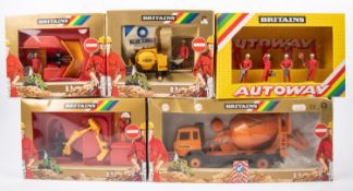 5x Britains Autoway 1980s sets. Including; 9800 8x Workmen. 9910 Truck Mixer. 9838 Rear Digger. 9943