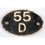 Locomotive shedplate 55D, Royston 1957-1971. Cast iron plate in good, believed to be unrestored,