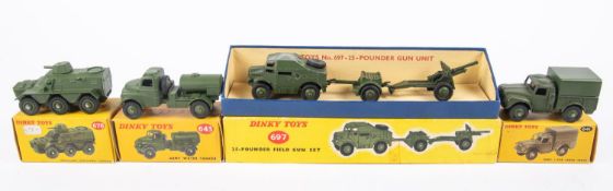 4 Dinky Toys Military Items. 25-Pounder Field Gun Set (697). Comprising Field Artillery Tractor,