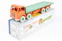 Dinky Toys Foden Flat Truck (902). Orange cab and chassis, mid-green body and wheels. Boxed, minor