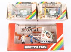 3x Britains Hospital sets. 1980s plastic sets including a scarce Hospital Helicopter (7861). Nurse