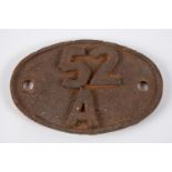 Locomotive shedplate 52A Gateshead 1950-1973. Cast iron plate in quite good condition, surface