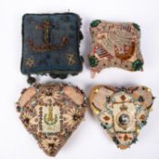 Two early 20th century heart shaped “sweetheart” pin cushions, one incorporating the badge of the