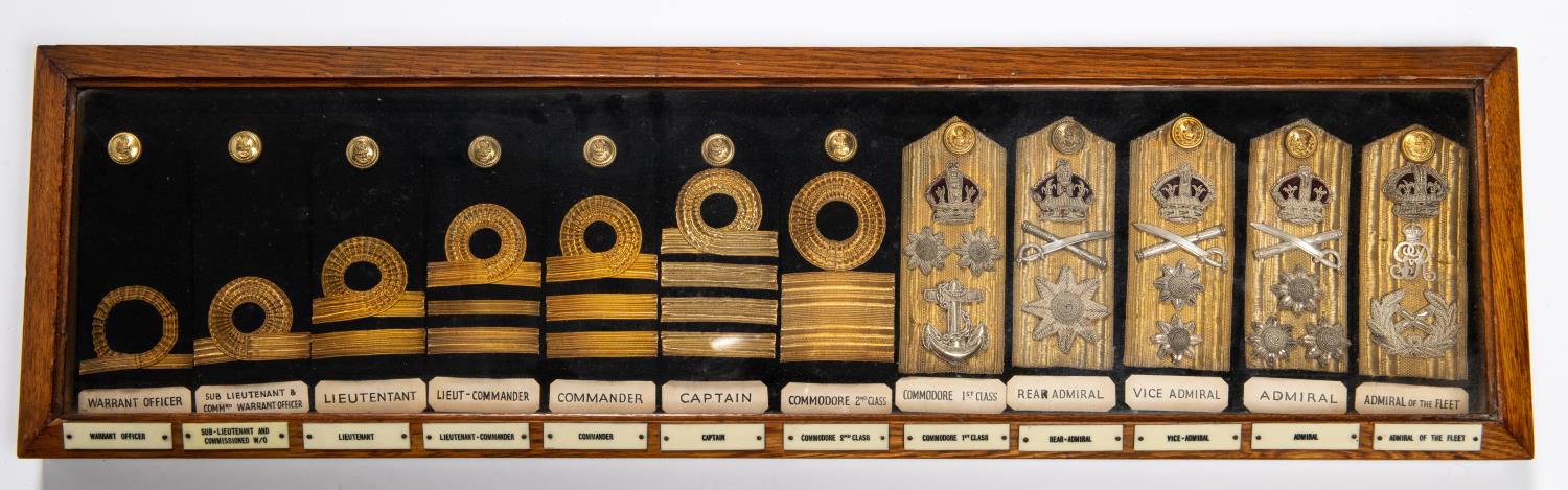 A good quality museum display of Royal Navy shoulder boards comprising: Warrant Officer, Sub