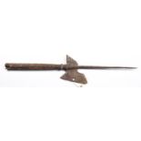 A late 16th century halberd head, with 15” spike and pierced blade and beak, on 14” of the