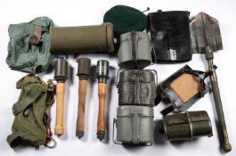 Post WWII German equipment: 3 mess tins, 2 bags, respirator canister and cover, entrenching tool and