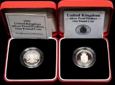 Elizabeth II Silver Proof Piedfort £1 coin (2), 1988 and 1993. Each Brilliant Uncirculated with