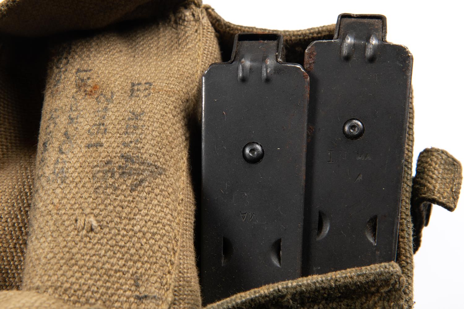 A set of WWII infantrymans 1937 webbing, comprising waistbelt, cross straps, ammunition pouches with - Image 3 of 6