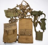 WWII British Army web equipment, set of 1937: belt, 2 pouches, waterbottle, frog and large pack;