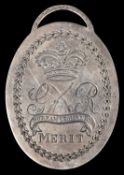 Durham Yeomanry oval medal for Merit 1807, obverse engraved crown above crossed carbine and sword,