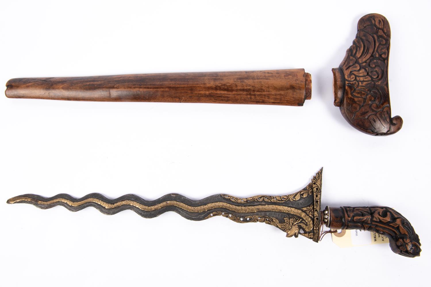 A decorative modern Kris, wavy pamir blade 14" boldly overlaid with a brass dragon headed snake - Image 4 of 4