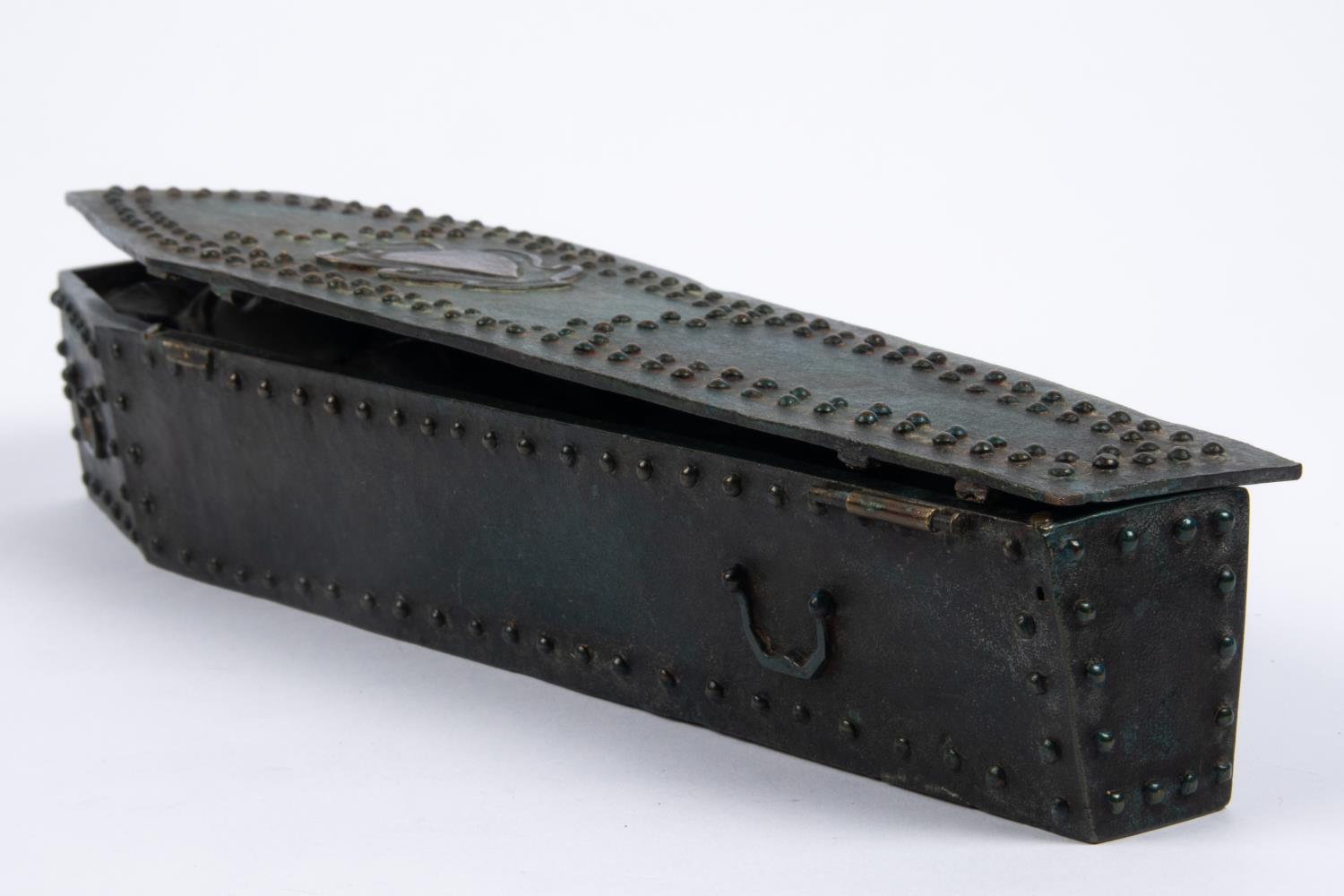 A cast bronze model of a heavily studded coffin with hinged studded lid containing the body of - Image 4 of 4