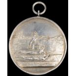 "Wickham Bishops Rifle club silver shooting medal, obverse 2 military personnel prone firing at a