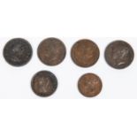 British AE coins (6): George III penny 1807 VF; halfpenny 1799 EF with slight traces of original