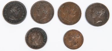 British AE coins (6): George III penny 1807 VF; halfpenny 1799 EF with slight traces of original