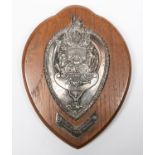 Far East Interport Rifle Match prize shield, silvered base metal plaque showing British Royal