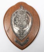 Far East Interport Rifle Match prize shield, silvered base metal plaque showing British Royal