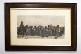 5 framed military prints: Guards in the Crimea, 37" x 26", 10th Hussars at Waterloo, 27" x 22",