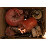 4 Vintage oil or paraffin containers, a large steel oil jug, 3 milk containers; 2 Primus stoves; a