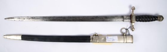 A German Weimar period fire service sidearm, double edged blade 18½" etched with panels of scrolling