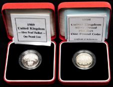 Elizabeth II Silver Proof Piedfort £1 (2): 1989 and 1998, Each Brilliant Uncirculated in Royal
