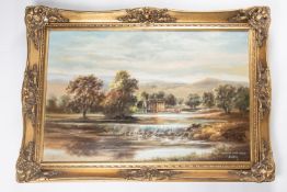 A large oil painting on canvas, 29½" x 19", depicting a country landscape of a large Georgian