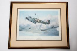 A WWII print of a 'dogfight' entitled "Uneven Odds", by Robert Taylor, complete with numbered