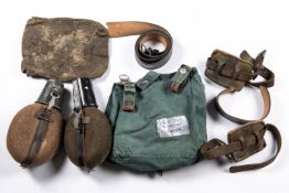 Third Reich items: 2 water bottles, bread bag, officers waist belt (AF) and other items. £50-70