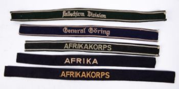 4 Third Reich cuff titles: Fallschirm Division, General Goring, Afrika Korps, Afrika (2). GC (5) £