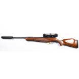 A .22” Remington sabre break action air rifle, fitted with SMK 4 x 30 telescopic sight, silencer and