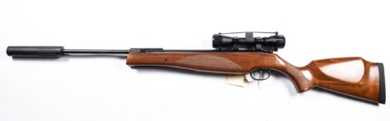 A .22” Remington sabre break action air rifle, fitted with SMK 4 x 30 telescopic sight, silencer and