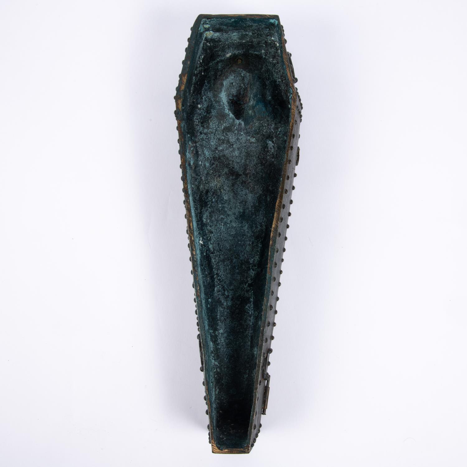 A cast bronze model of a heavily studded coffin with hinged studded lid containing the body of - Image 3 of 4