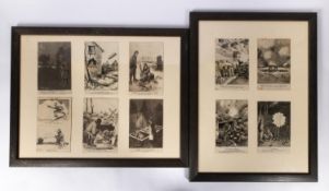 A pair of framed displays 18" x 14" comprising 10 Bruce Bairnsfather WWI "Old Bill" sepia postcards.