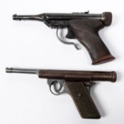 A Hy Score Target air pistol with wood grip, action functions but trigger guard replaced and