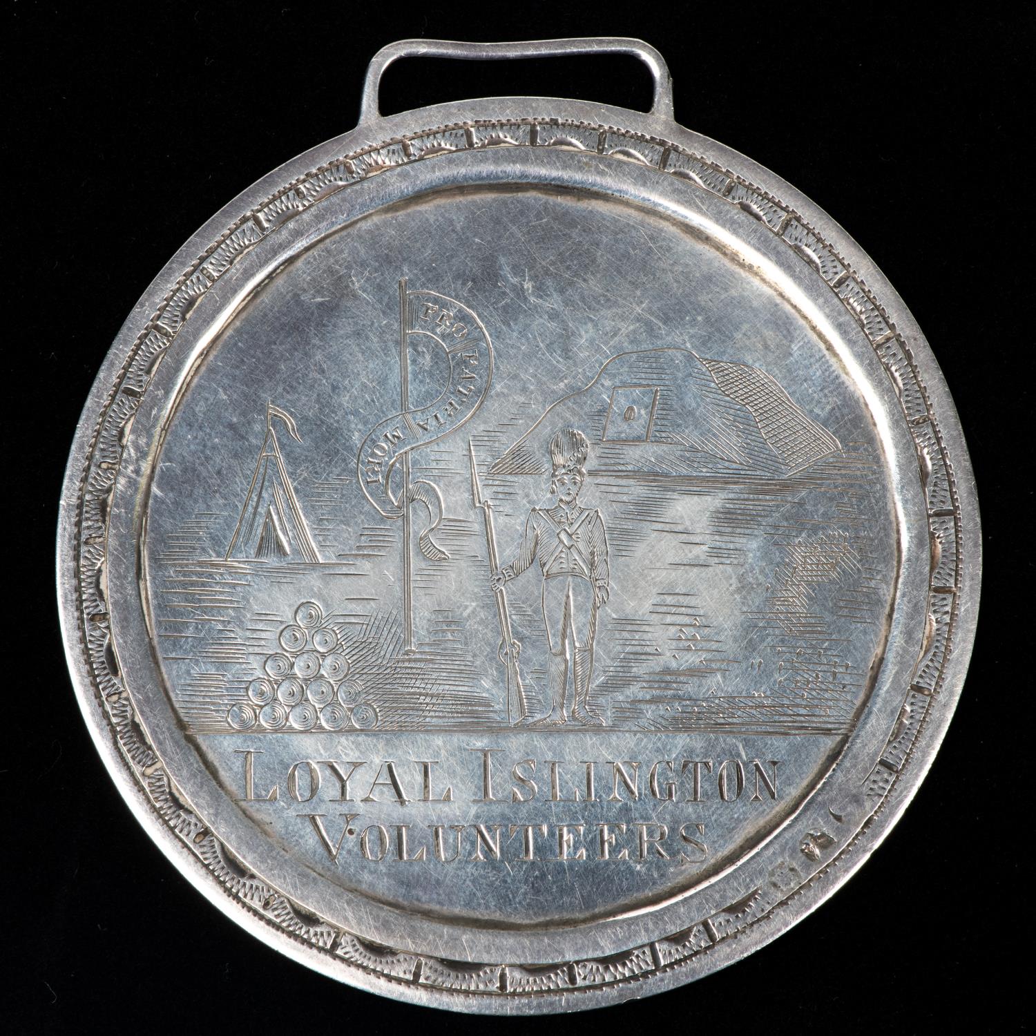 Loyal Islington Volunteers: a large silver medal, obverse Soldier with camp scene behing, pennant - Image 2 of 2