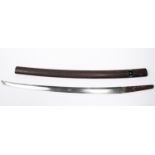 A Japanese sword blade, 20”, with traces of wavy yakiba, the tang signed with six characters, in its