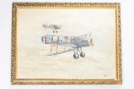 An oil painting of 2 1930s biplanes, 23" x 17½, on board, signed "C. Scott Nov 71", in a gilt