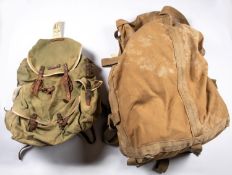 A military type rucksack, 4 WWII military canvas buckets, 3 haversacks; 2 US Army deceased effects
