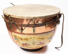 2 fine Victorian copper kettle drums of the Westmoreland and Cumberland Hussars, the bodies are