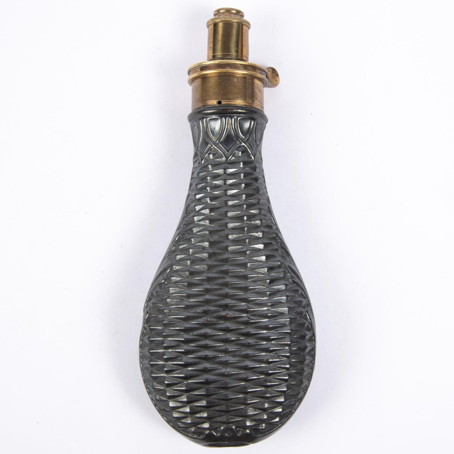 A good embossed copper powder flask "Basketwork Overall" (R422, no rings), with patent top, as new - Image 2 of 2