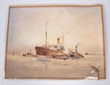 A watercolour on card of a harbour scene, tugboats bringing in a merchant ship, c 1970, 15" x 12"