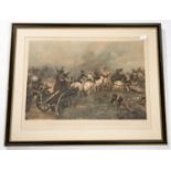 2 framed coloured prints: Capturing the French Battery at Waterloo, 34" x 28"; and Infantry marching