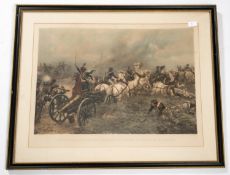 2 framed coloured prints: Capturing the French Battery at Waterloo, 34" x 28"; and Infantry marching