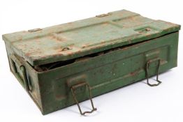 A WWII steel amunition box dated 1943, containing a WWI folding saw dated 1918, case AF; various