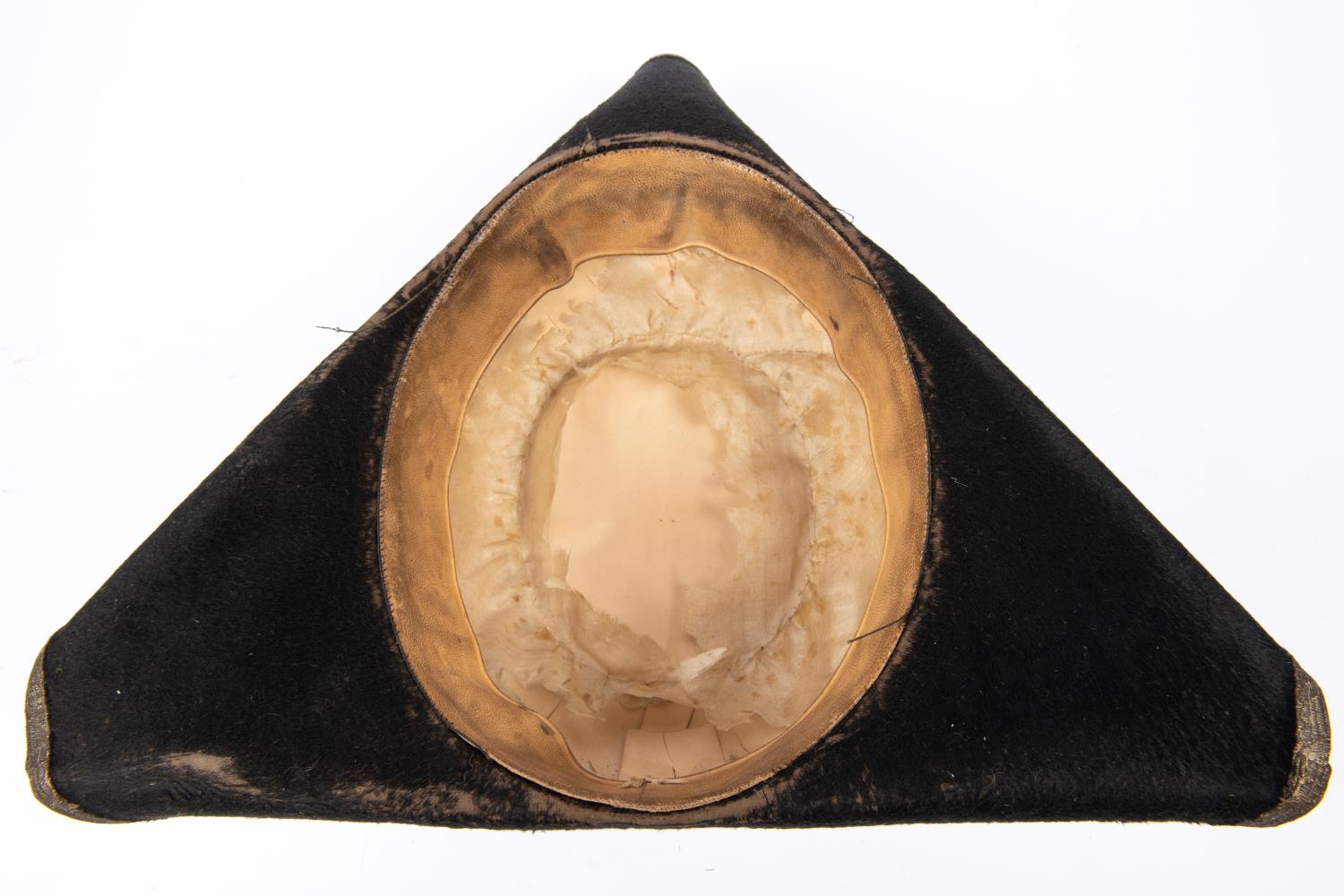 A 19th century tricorn hat, with bullion lace edging to the brim (dull), leather sweat band, and - Image 4 of 4