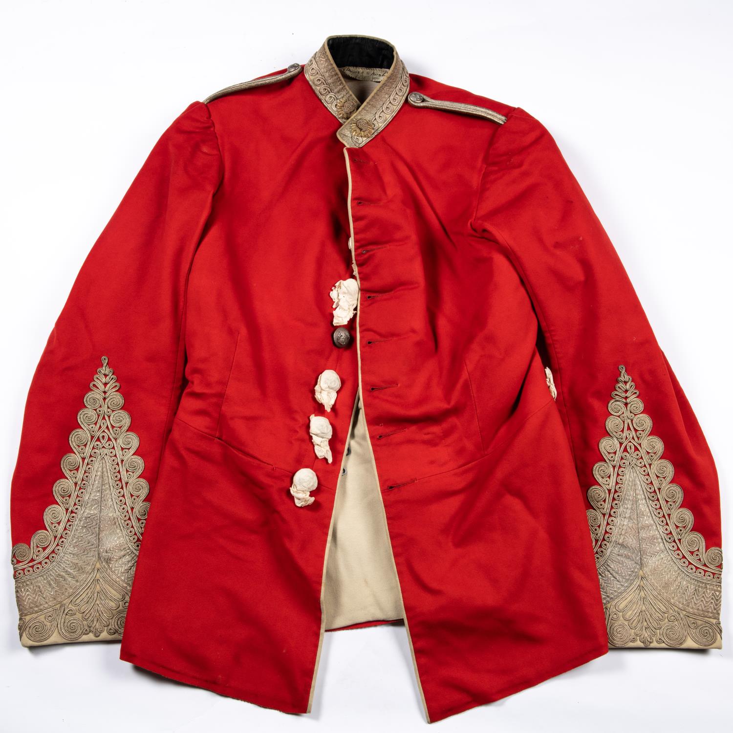 A fine Rifle Volunteers scarlet tunic, labelled inside “Major W H Hornby 1859”, collar rank pips,