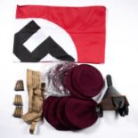 11 post war Airborne berets, (in new condition), 3 clips of inert 303 rounds, a modern swastika flag