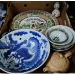 A box of Chinese & Japanese ceramics inc. 2 miniature Yixing teapots, blue & white dragon bowl,