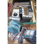 Three boxes of assorted electrical equipment including power meters, converters, transformers etc.