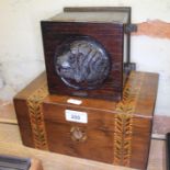 A Victorian inlaid walnut tunbridge ware jewellery box and an oak box of a similar age with carved